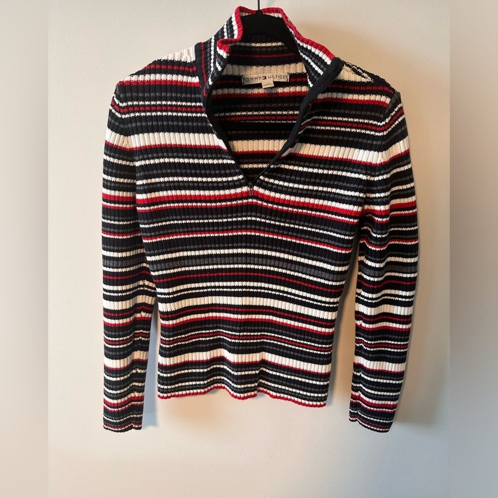 Tommy Hilfiger Y2K HalfZip MockNeck Long Sleeve Striped Sweater 100% Cotton Sz L